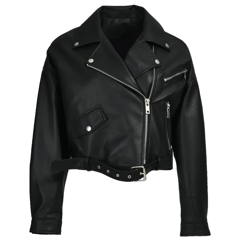 Jaxmonoy Women's Real Leather Jacket 2026 Spring New Arrival Loose Style Sheepskin Coat Ladies Fashion Moto Biker Zipper Jackets