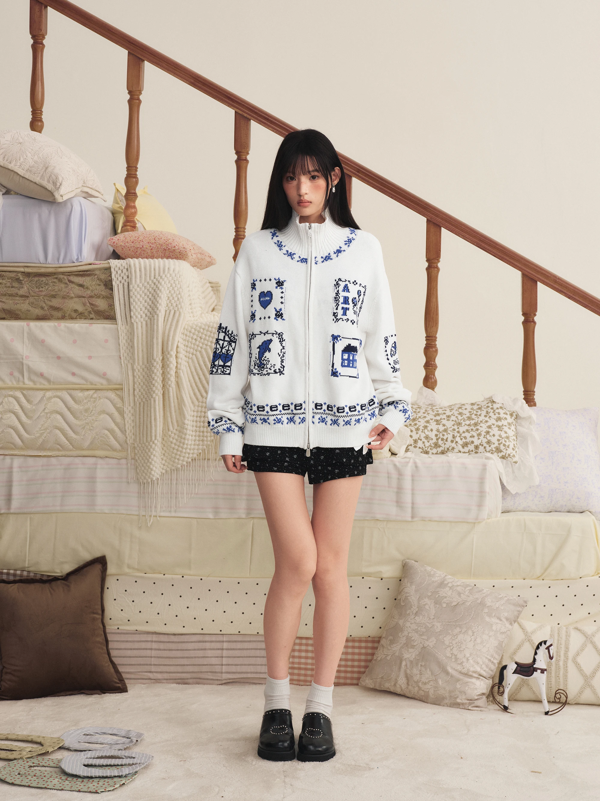 Elegant Graffiti Knitted Cardigan Collar Jacket Fair Isle Color Block Youthful Vitality Long Sleeve Skin-friendly Breathable