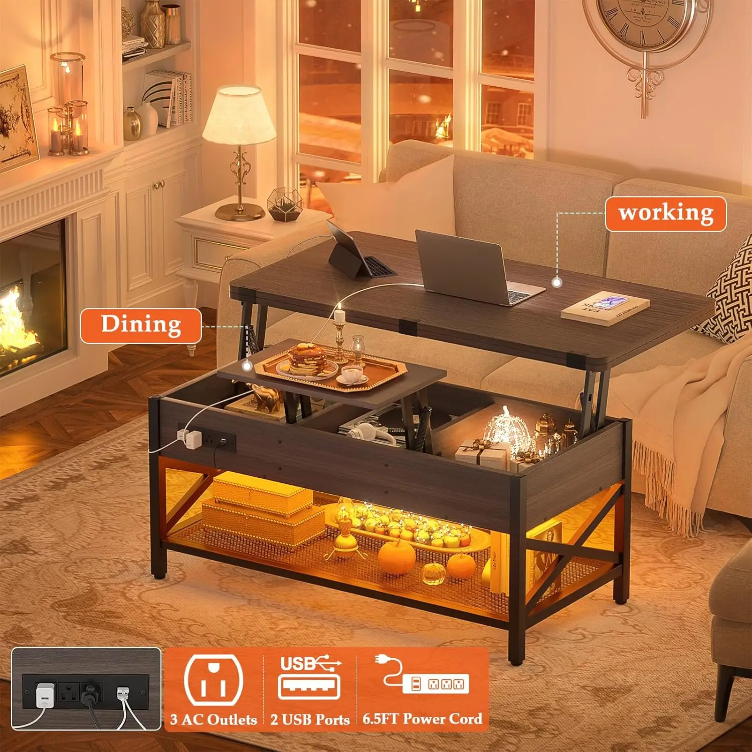 طاولة القهوة التي تحول طاولة القهوة متعددة الوظائف إلى طاولة الطعام، مع ضوء LED ومخرج طاقة، مركز
