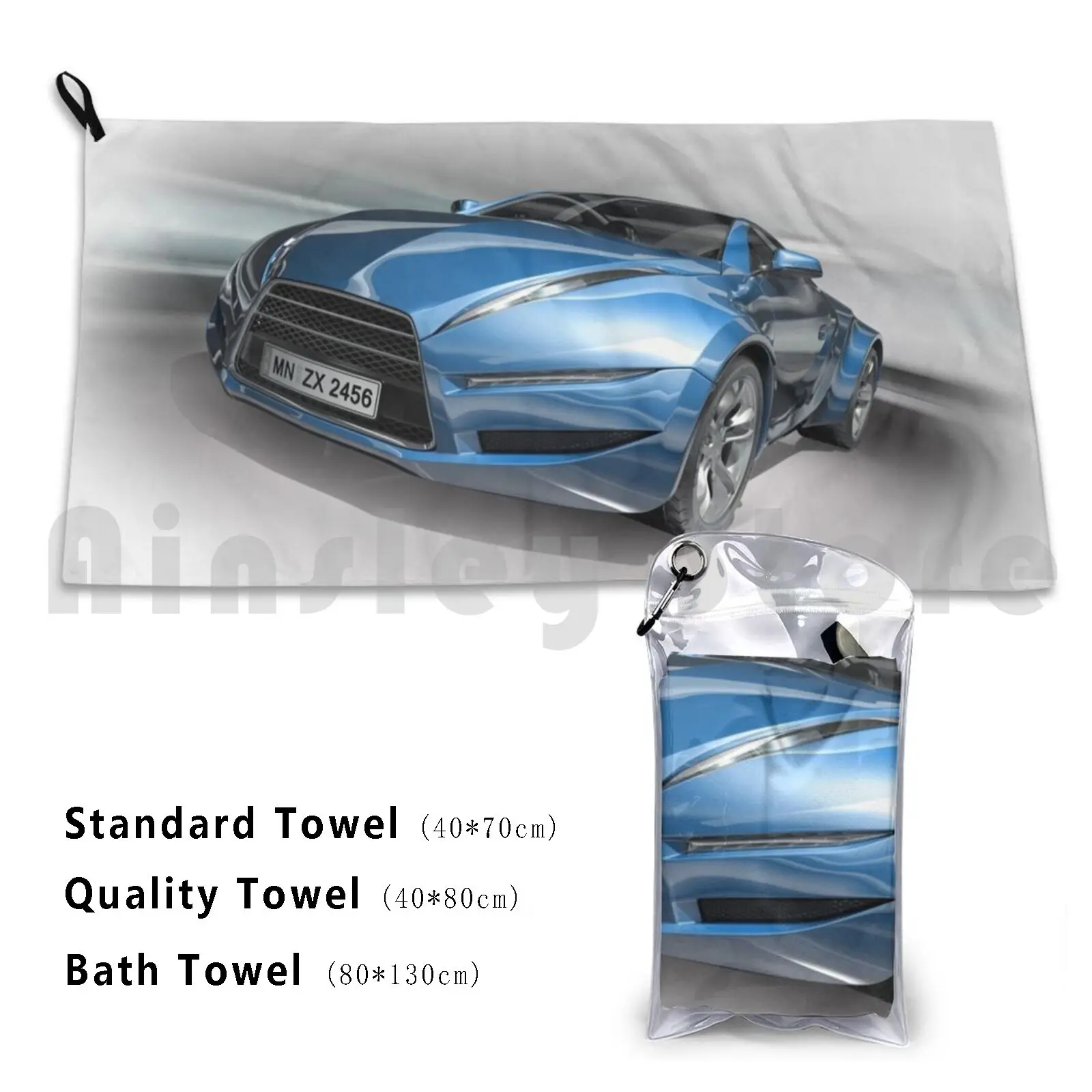 Blue Sports Car Bath Towel Beach Cushion Blue Sports Car Speed Fast Street Road Cgi