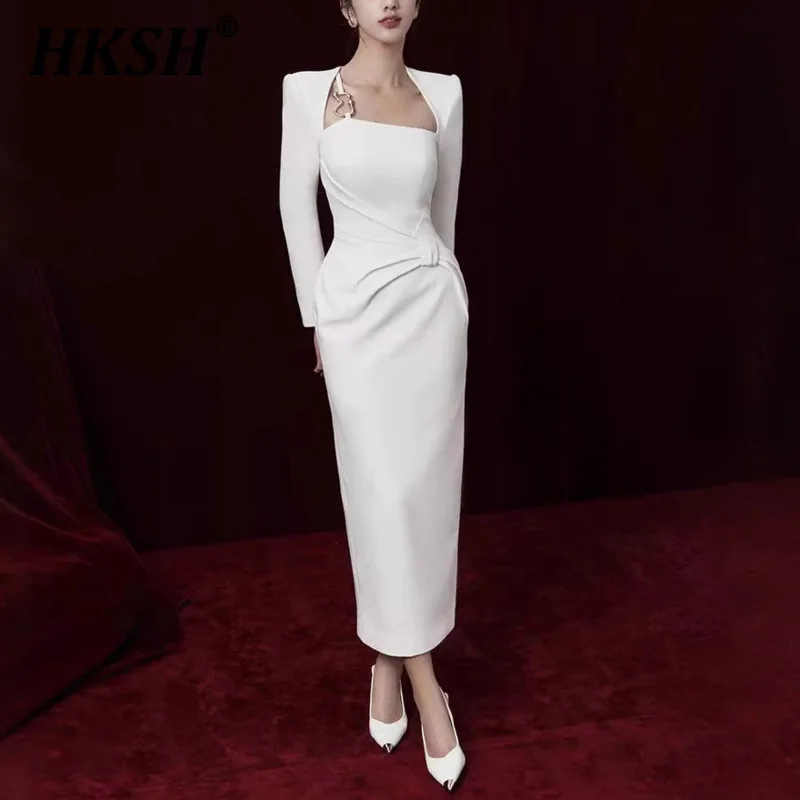

HKSH Spring Summer Women's Ins Tide Niche Design Fashion Elegant Solid Color Waist Cinching Chic Slim Fit Long Gown Dress HK5823