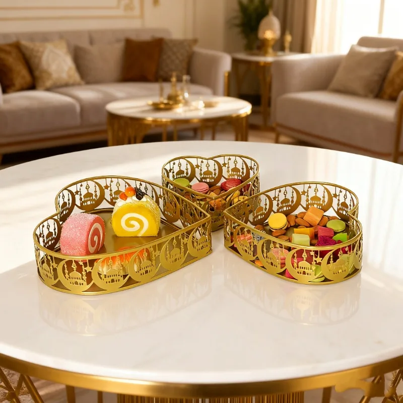 3Pcs Ramadan Moon Star Decorative Tray Metal Craft Snack Serving Plate with Castle Design Home Decor Gift Eid Islamic Holidays