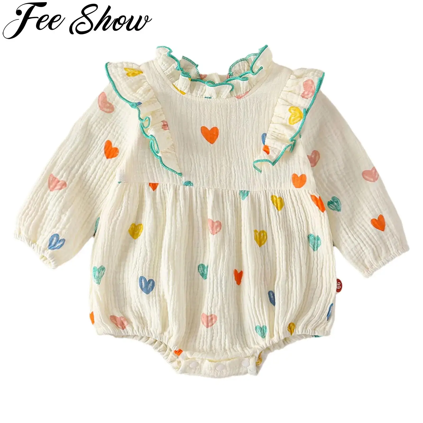 

Хлопковые комбинезоны для маленьких девочек, боди с длинными рукавами и оборками с цветочным принтом в виде сердца, весенне-осенняя одежда, повседневная одежда для дня рождения