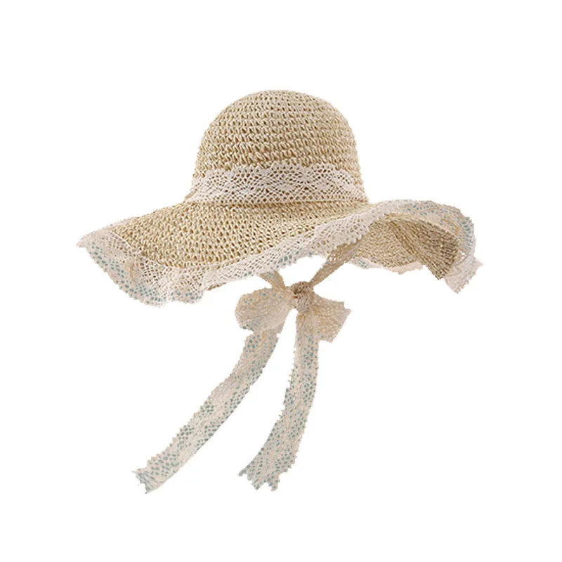 여행용 자외선 차단 빨대 모자, 레이스업 할로우 잔디 니트 모자, 여름 해변 해변 태양 모자, 레이스 엣지 태양 모자, 신제품