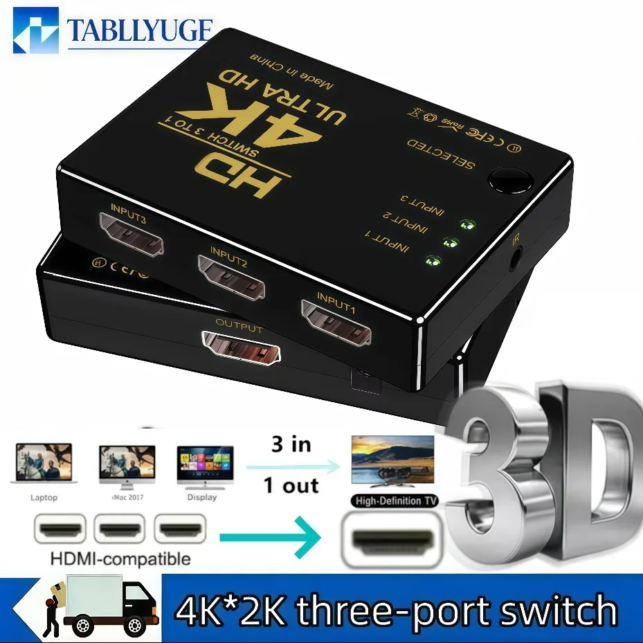 4K 3D HDMI Compatible Switch 3x1 with Remote 3-in-1 HDMI Switch Hub for PS4 PS5 Xbox Set-Top Box HDTV PC Monitor Box PC HDTV
