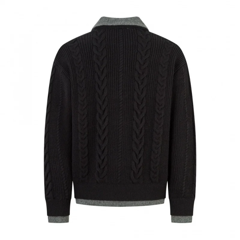 Men'S Black Polo Collar Sweater, 2025 Autumn New Cable Knit Button-Down Knitted Fall Fashion Trend Office Wear Warm Knit Top