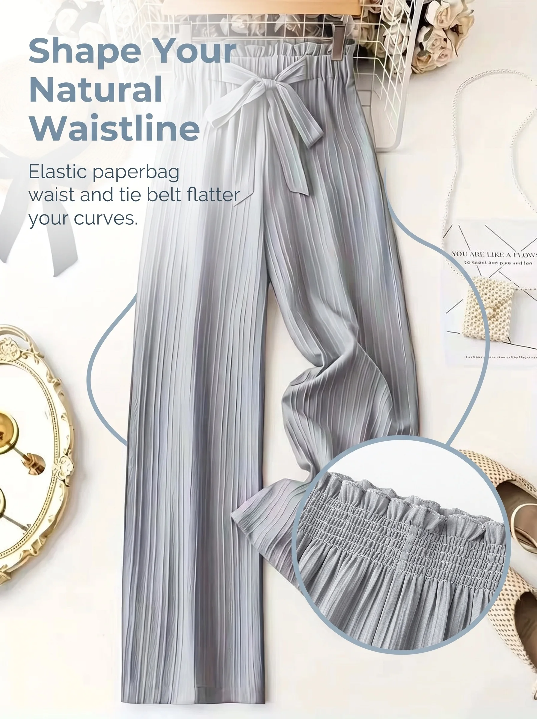 Staubblau Plissierte Hose mit Bindegürtel, Weites Bein, Hohe Taille mit Rüschenbesatz, Lässige Drapierte Hose – Detail 2