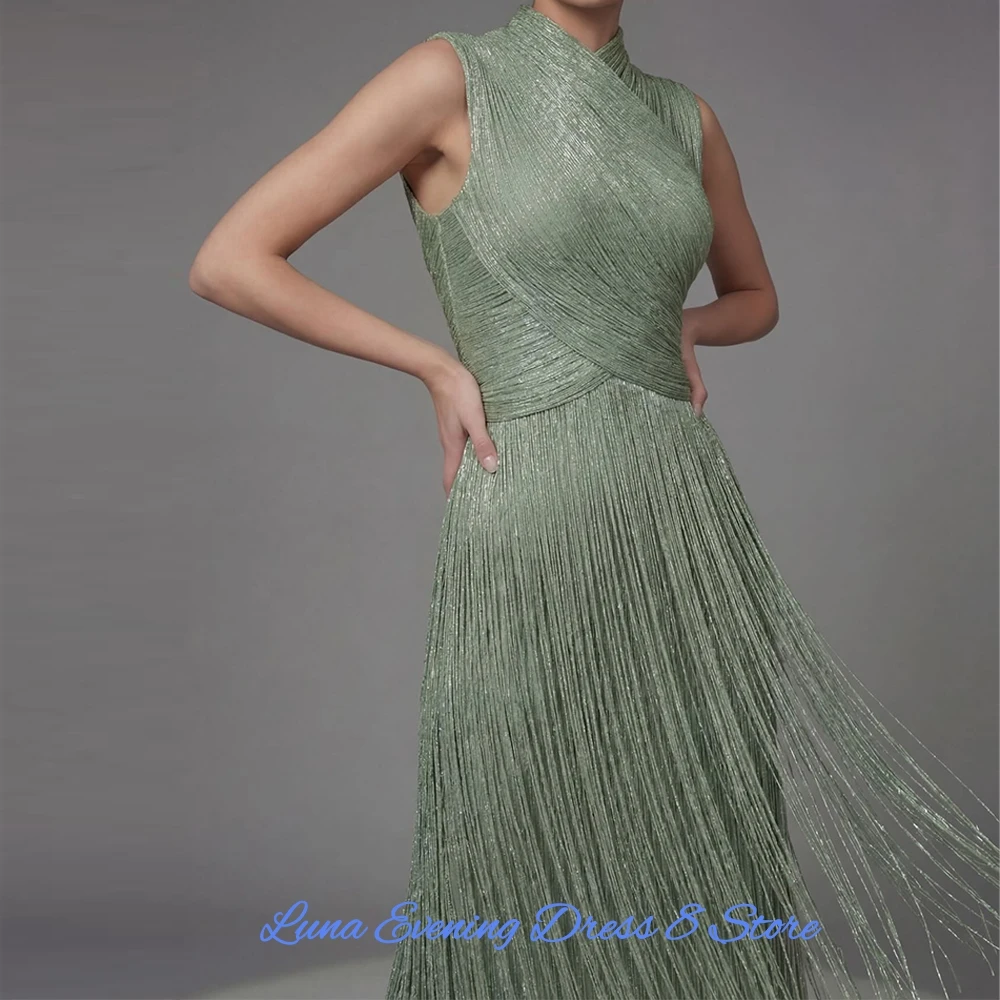 Modern Green Jersey Evening Dress Classic High Collar Sleeveless Customized Party Dresses Fashion Tassel Special Occasion Gowns image 4