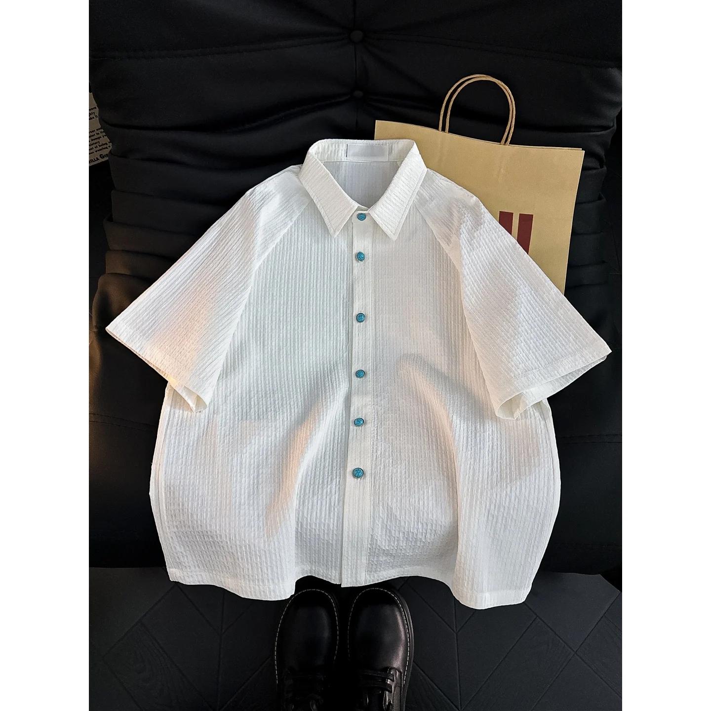 

Loose Fit Men's Short Sleeve Shirt Textured Folded Green Turquoise Cleanfit Casual Style Summer Top Breathable Comfortable
