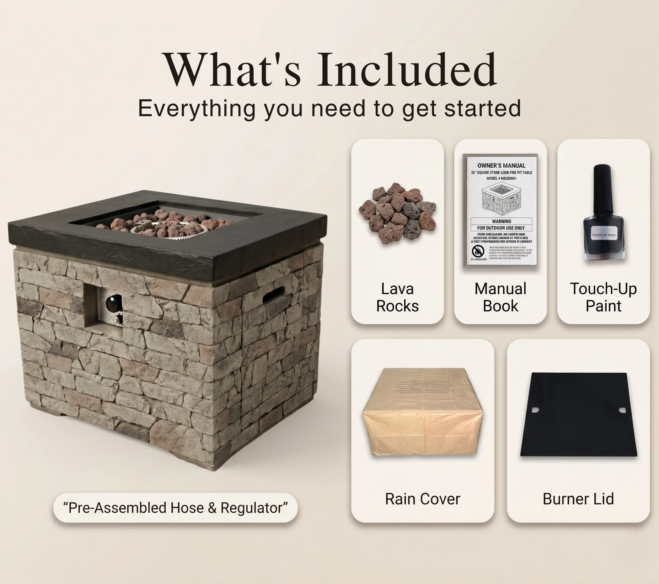 32 Inch Rectangular Outdoor Propane Fire Pit Table, 40,000 BTU Lightweight Concrete Stone Look Gas Fire Table with Lava Rocks, Burner Lid & Waterproof Cover for Patio Backyard Garden