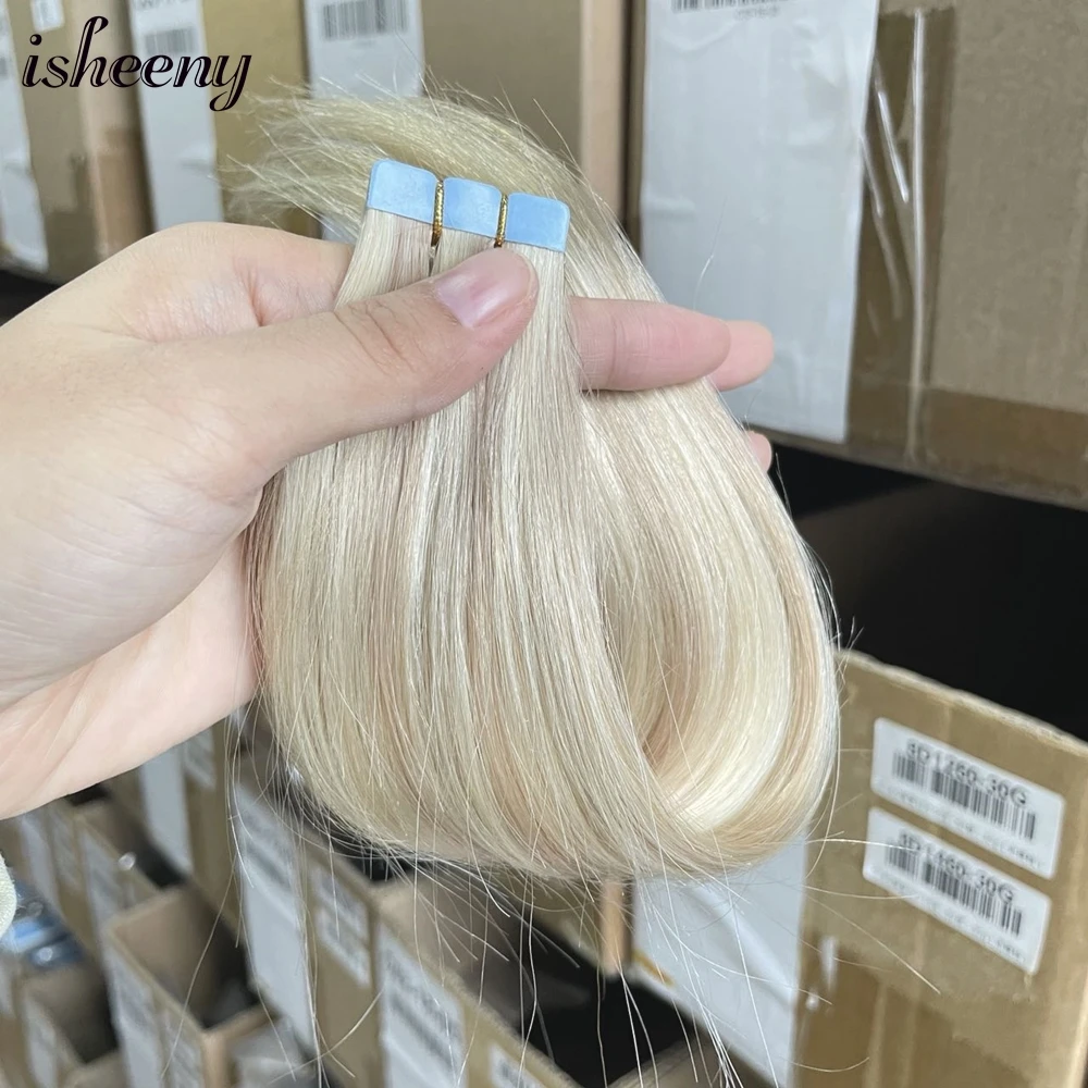 Highight Blonde Mini-Tape-in-Extensions, Echthaar, 30,5–61 cm, glattes Micro-Tape-Haar, Aschblond mit Platinblond für Frauen