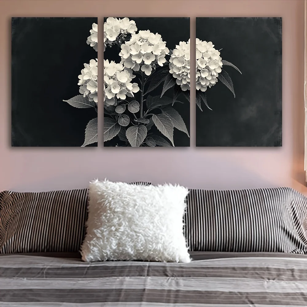 (No frame)2D Flat, 2D Flat, Wall Decor, 2D Flat 3pcs Frameless Black And White Hydrangea Canvas Art Prints - Ideal for Living