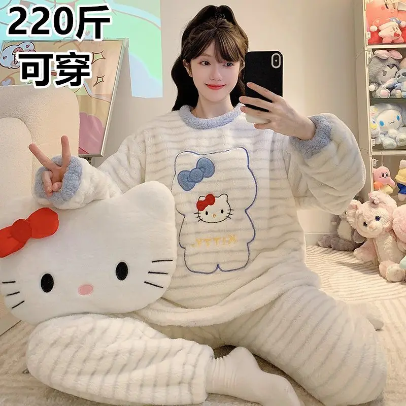 Sanrio menina casa wear microvilli olá kitty kawaii dos desenhos animados estudante casual outono e inverno em torno do pescoço loungewear conjunto novo estilo