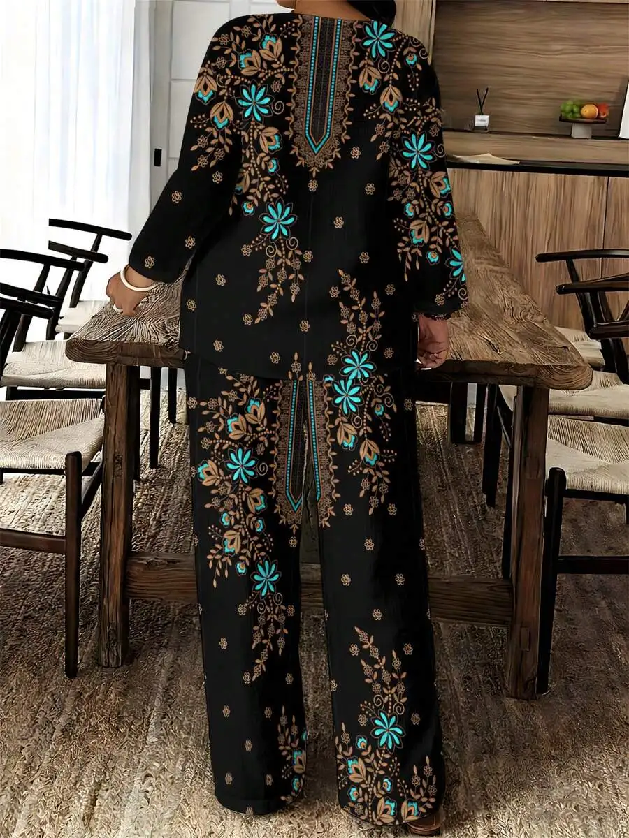 

Luxury Black Floral Embroidered Two-Piece Outfit For Women Plus Size, Elegant Wide-Leg Pants And Long-Sleeve Top For Formal Or