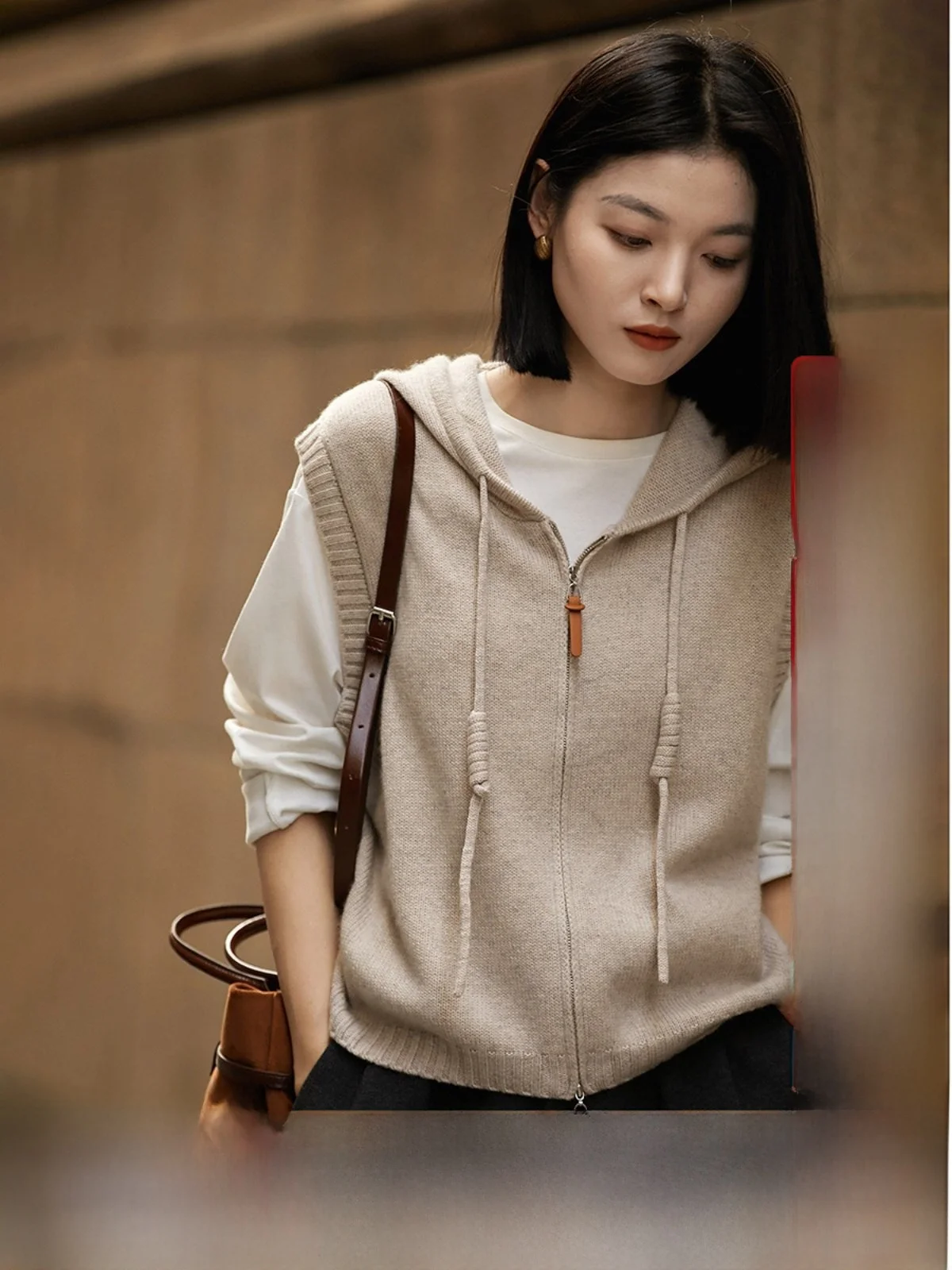 

Xhange Wool Camere Hooded Zipper Knitted Vest Faionable Commute New Arrival Winter Women's Regular Length Open Cardigan