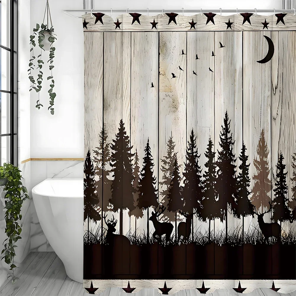 ~O~Elk Bear Pine Forest Animal Hunting Lodge Country Cottage Rustic Farmhouse Shower Curtain, Bathroom Decorative Shower Curtain