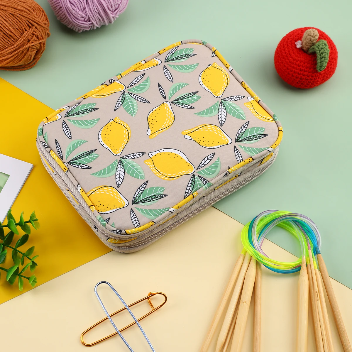 Yellow Lemon Empty Knitting Needles Storage Bag Waterproof Knitting Kit Case Organizer Bag For Sewing Tool Accessories Gift