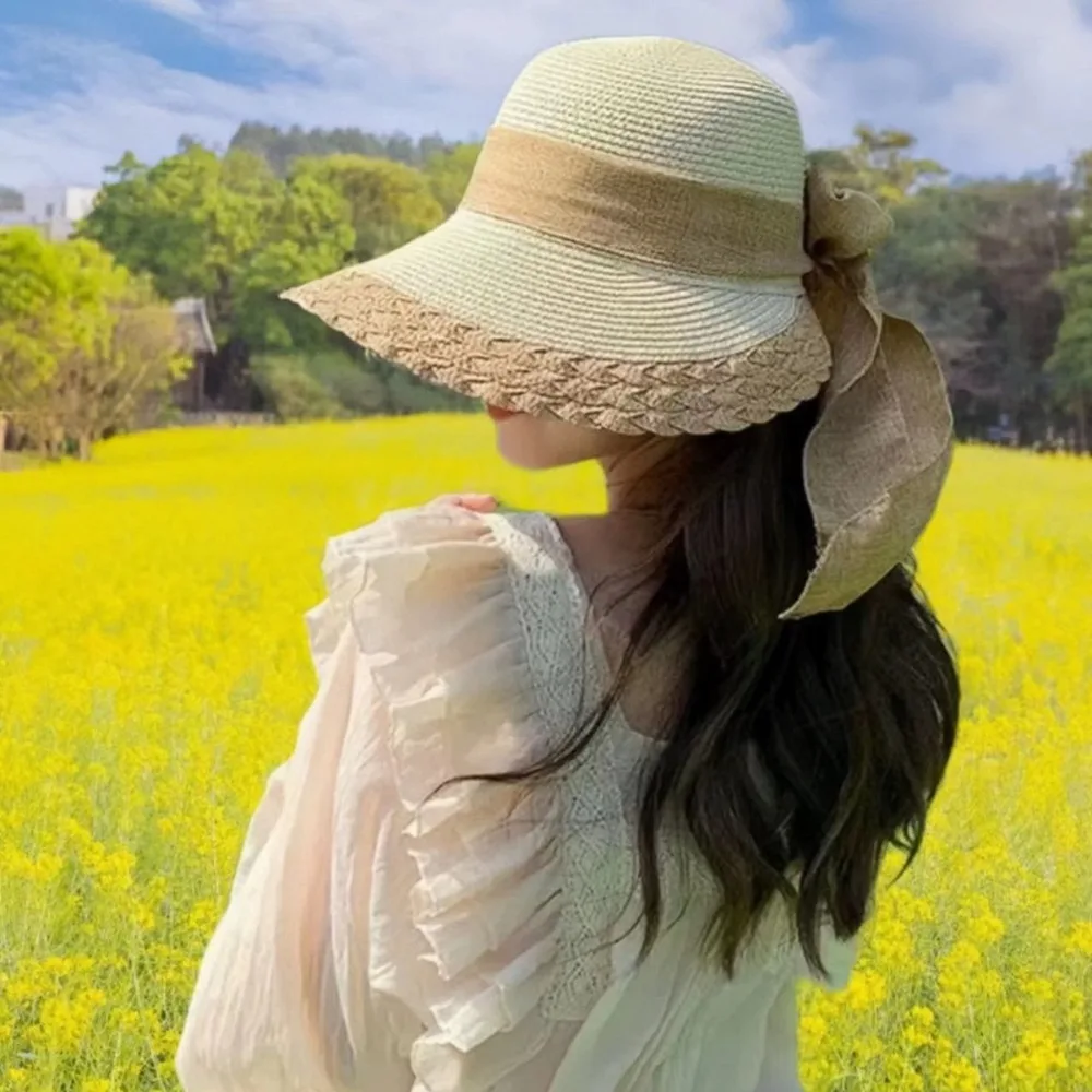

Portable Straw Weaving Beach Hat Hollow Out Foldable Big Brimmed Woven Cap Breathable French Style Bucket Hat Travel