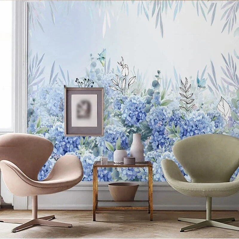 

Custom Nordic Floral Wall Mural-Vintage Blue Hand-Painted Flowers Wallpaper for Living Room Bedroom Cafe Decor Wall Covering
