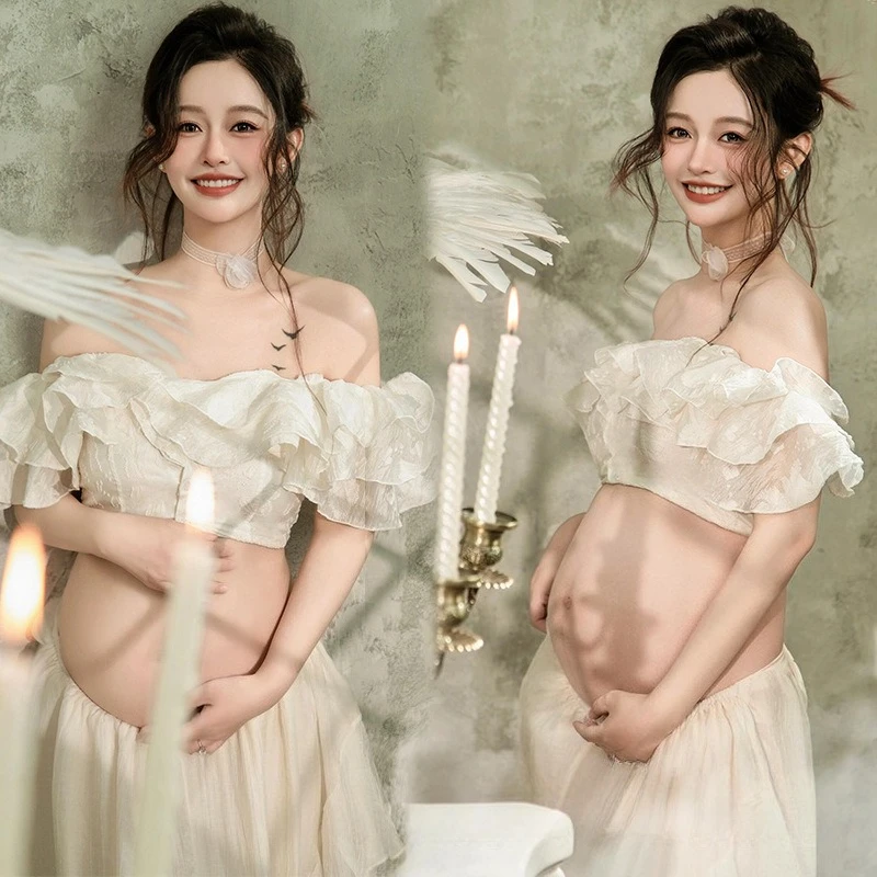 Women Ruffles Tube Top with A-line Skirt 2pcs Set for Photography Shooting Elegant Photo Clothing Maternity Pregant Photo Shoot
