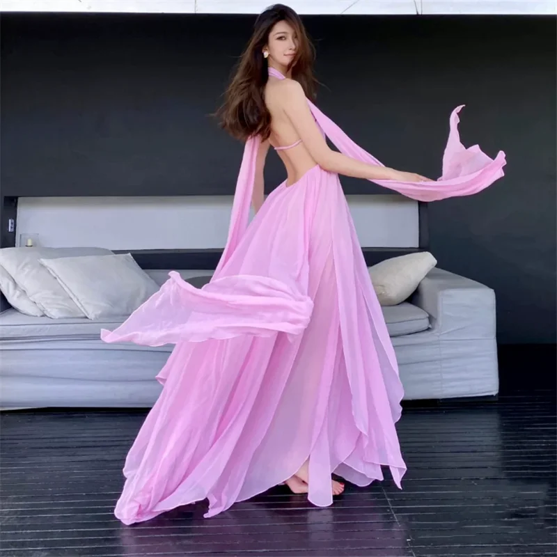 

Summer Fashion Holiday Long Pink Dress Fairy Ribbon Halter Sexy Backless Off Shoulder Maxi Dress High Split Beach Sling Dress