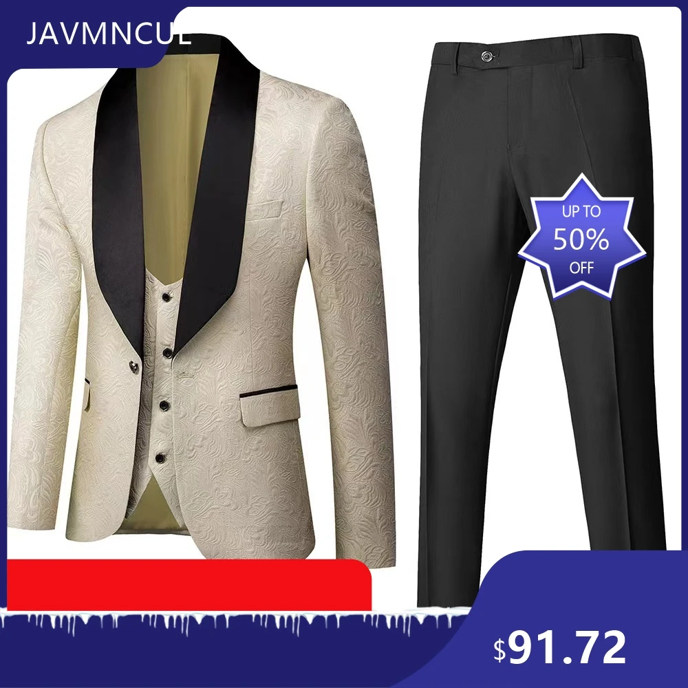 Men's Slim Fit Jacquard 3-Piece Suit, Business Casual Wedding Groom Party Formal Suit, Plus Size, Cross-Border