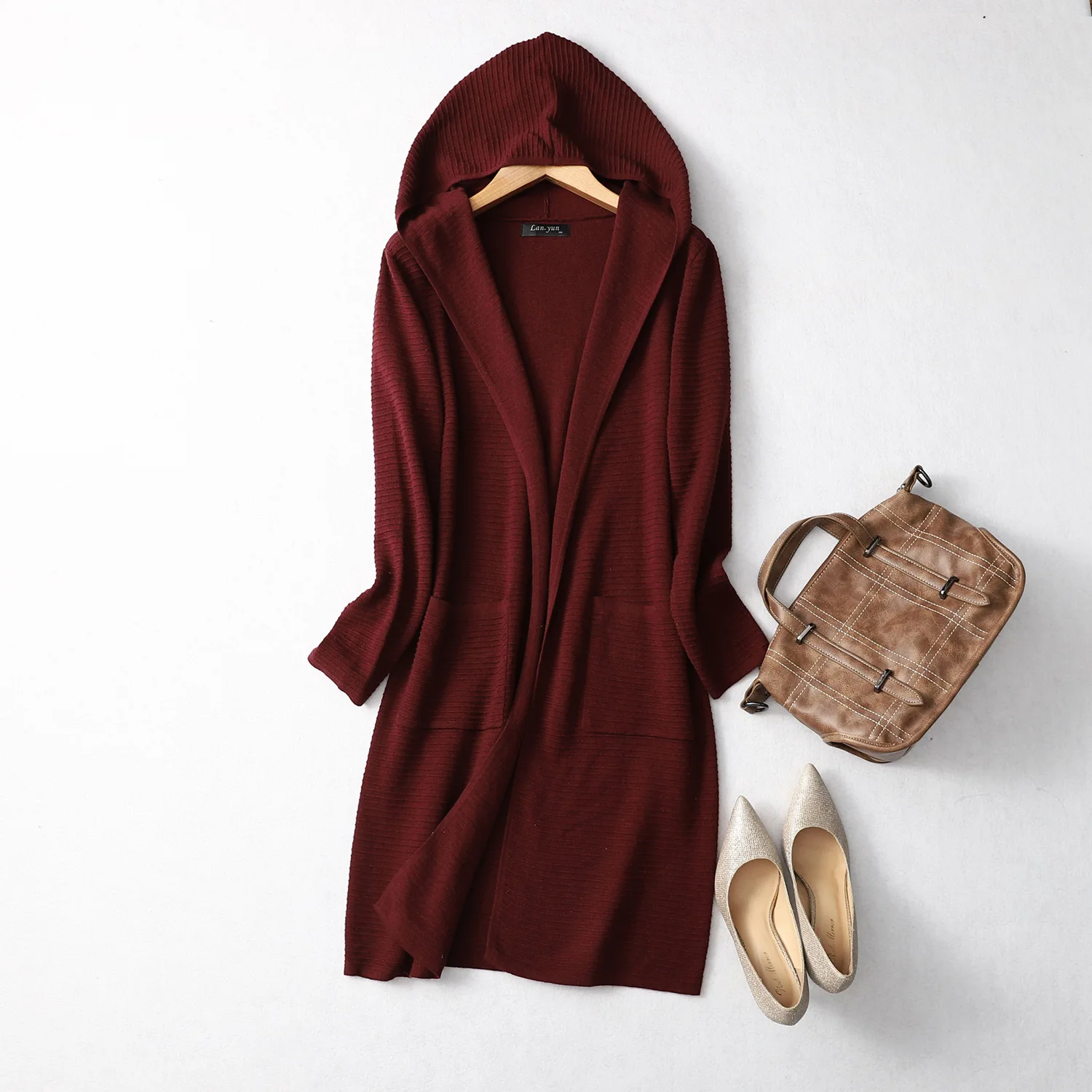 Women's Real Silk Cashmere Blend Hoodie Neck Long Sleeve With Pockets Long Type Cardigan Sweater Dress Top Shirt LY014