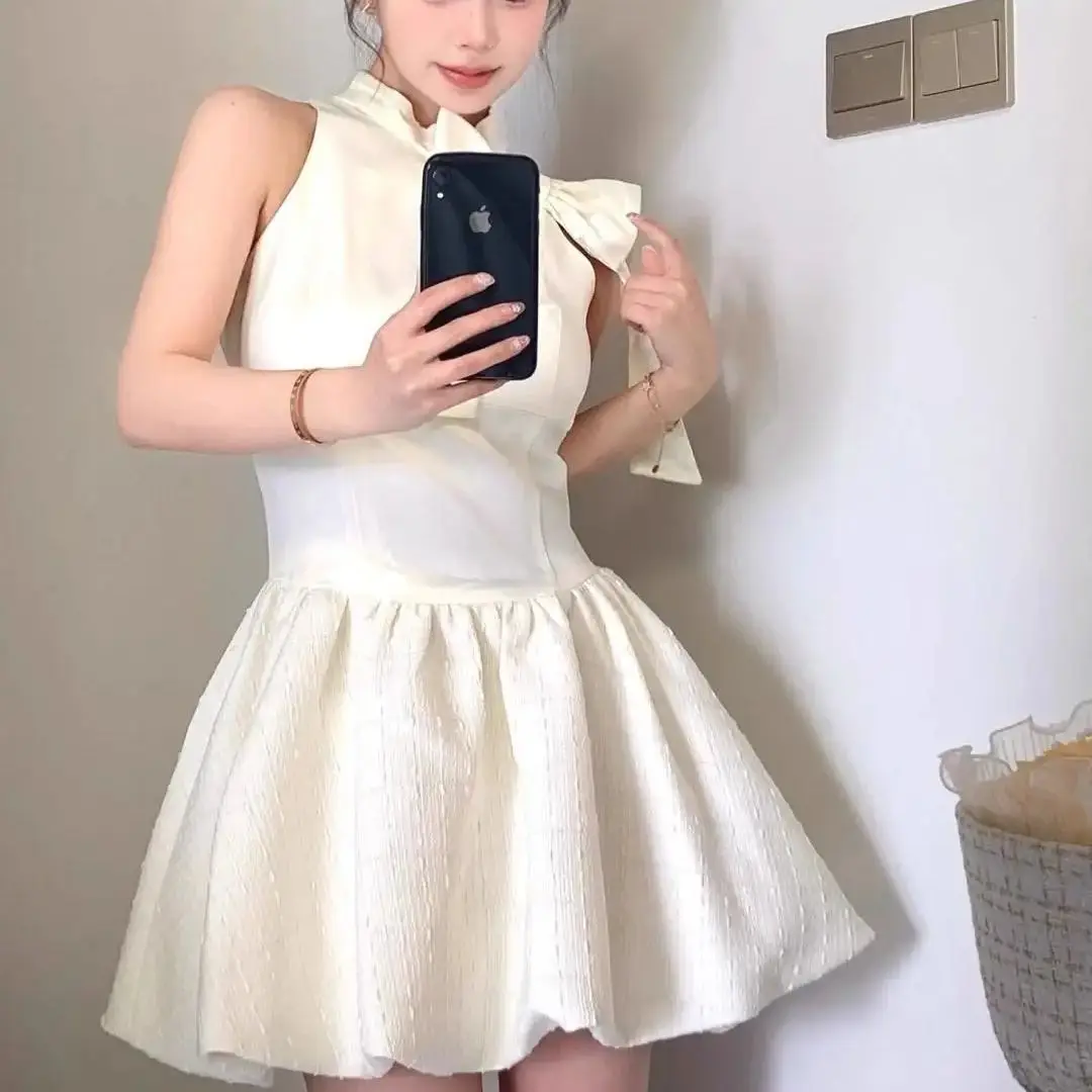 

Dress Bow French Style High-End Daughter 2024 Summer New Style Waist Slimming Sleeveless Puffy Skirt