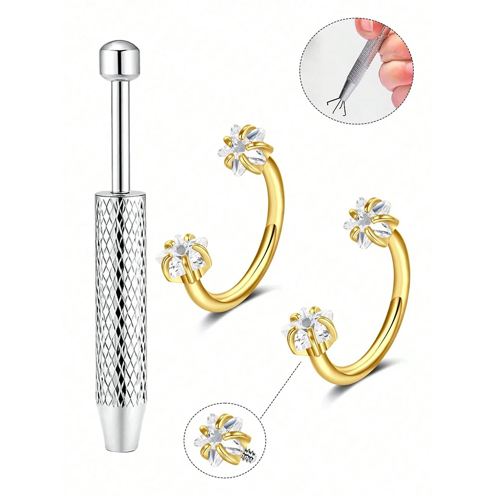 18G 2 Stück Hufeisen-Nasenringe mit 1 Stück Piercing Taper Ball Grabber, Edelstahl Doppel-Zirkonia-Nasenbolzen – Detail 11