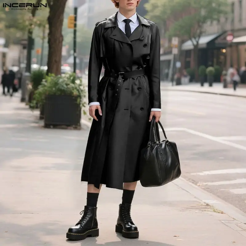 

INCERUN Men Coats Solid PU Leather Lapel Long Sleeve Casual Long Style Trench Men Streetwear Punk Style Fashion Windbreaker Male