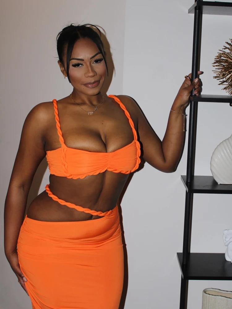 Kricesseen Women's Spaghetti Straps Tube Top And Matching Skirt Set Summer Bandage Two-Piece Dress Night Clubwear Vestidos