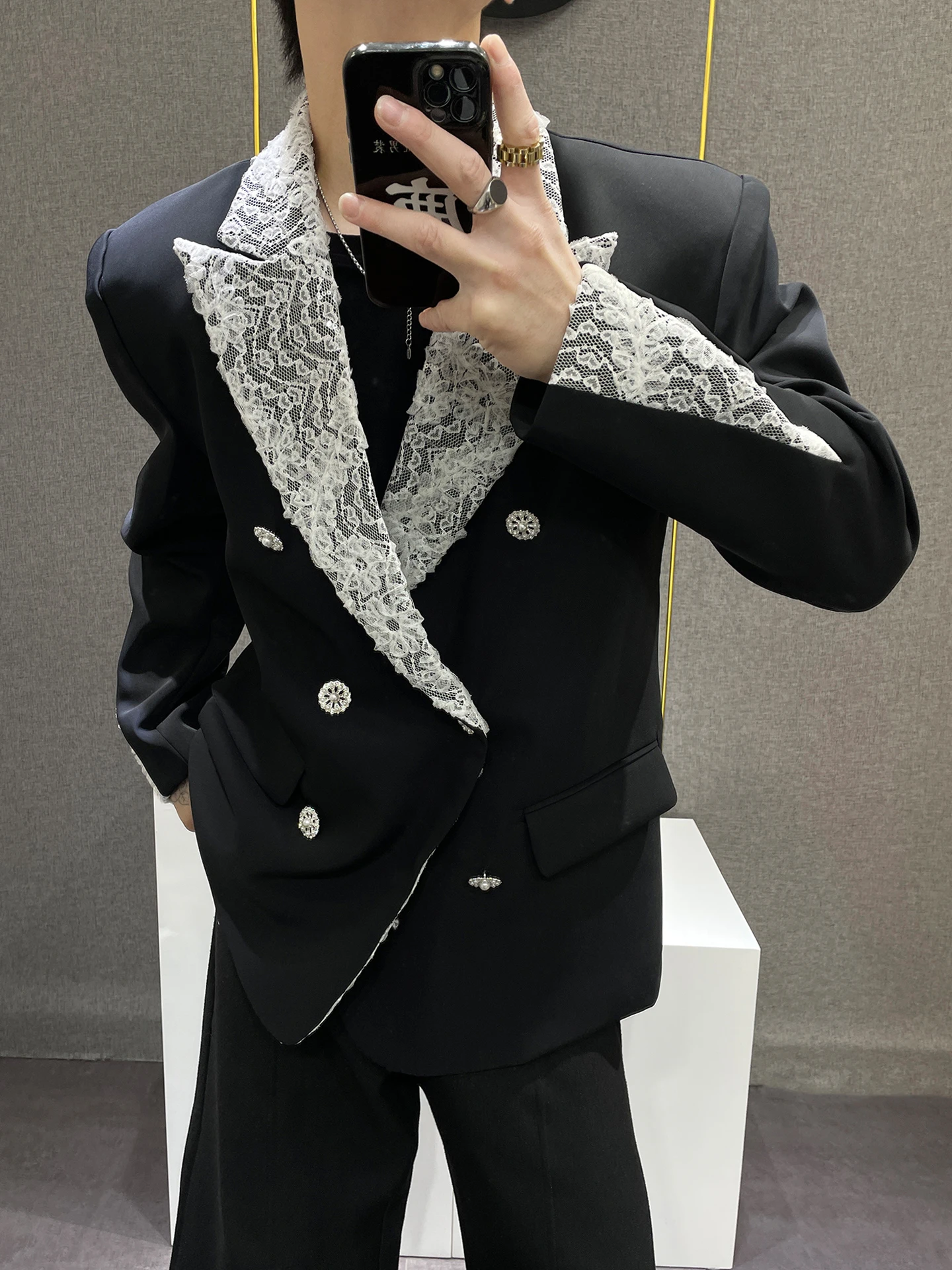 Fashionable Urban Men's Double-breasted Lace Patchwork Loose Fit Suit Jacket Casual Style Long Sleeve Pure Color Autumn Wear
