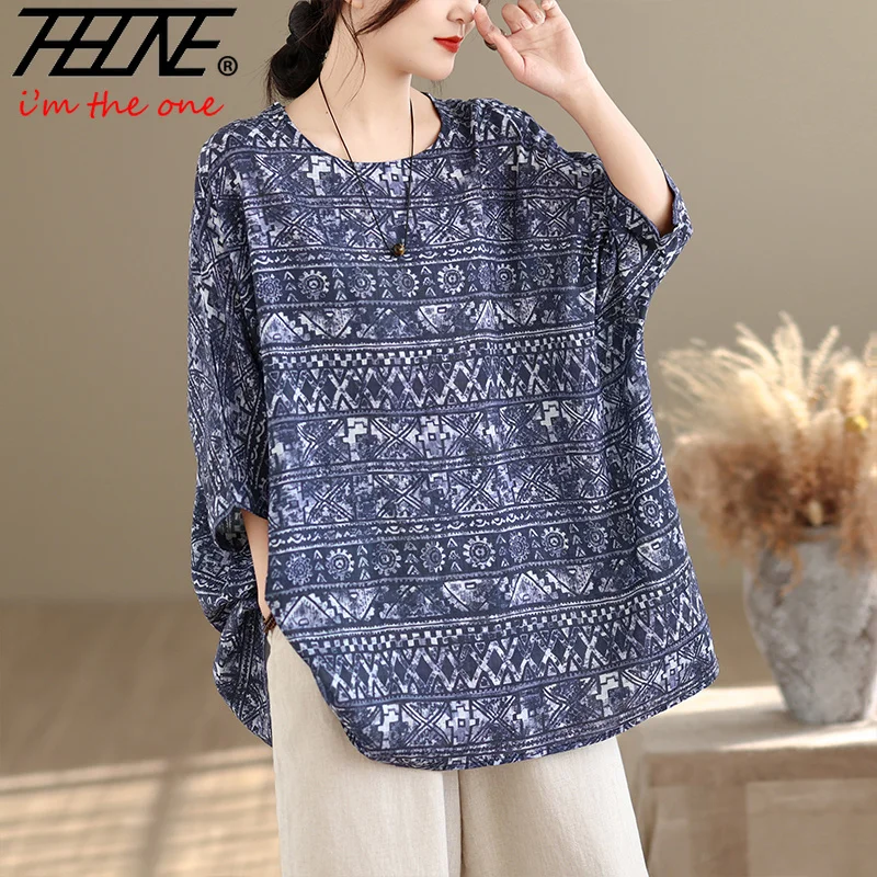 

THHONE Summer Fashion Woman Blouse Loose Vintage Print Casual Cotton Linen O Neck Camisas Batwing Sleeve Shirts Oversized Top