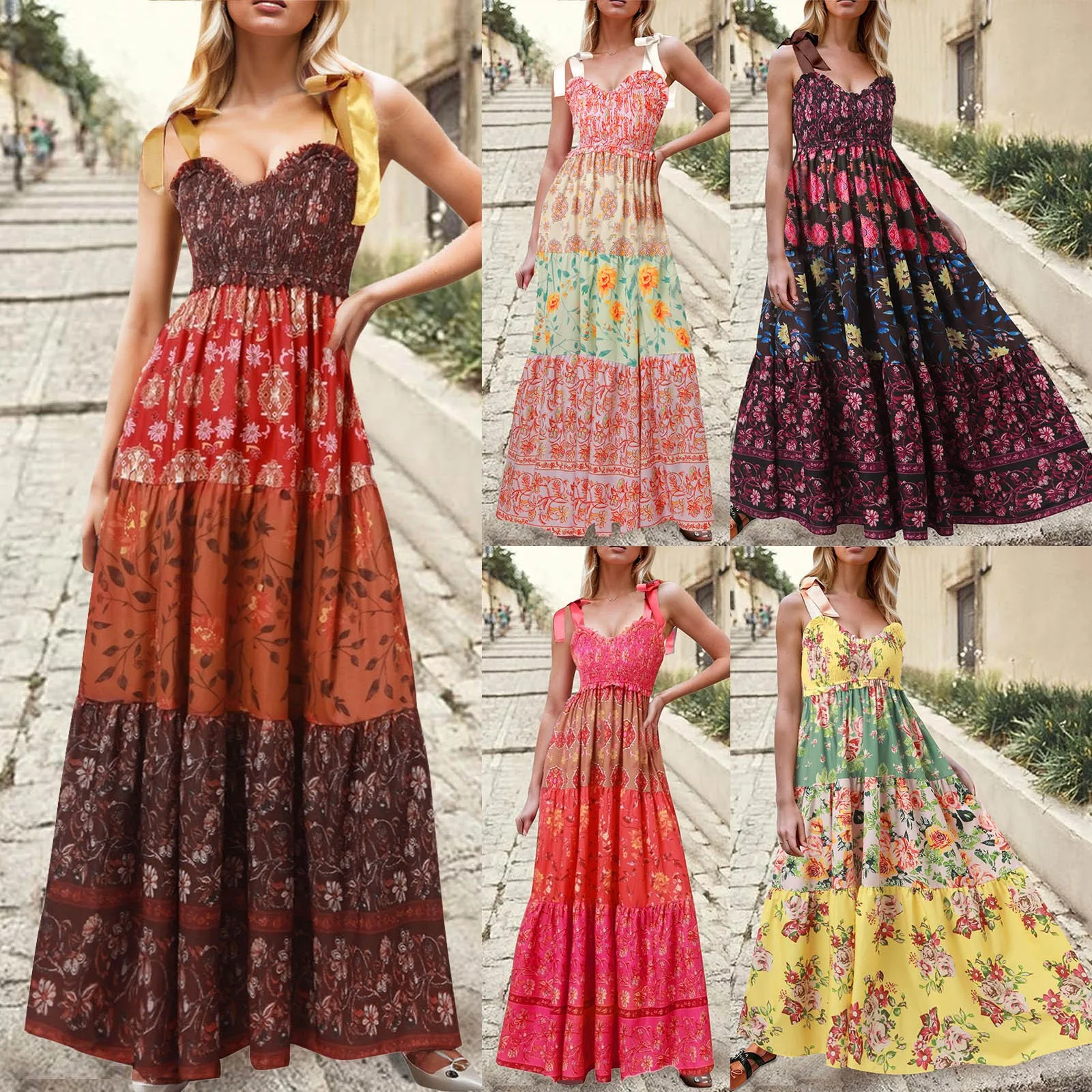 Women Summer Dresses Flowy Smocked Floral Maxi Dress Casual Sleeveless Tie Shoulder Boho Dresses Beach Sundresses 2024