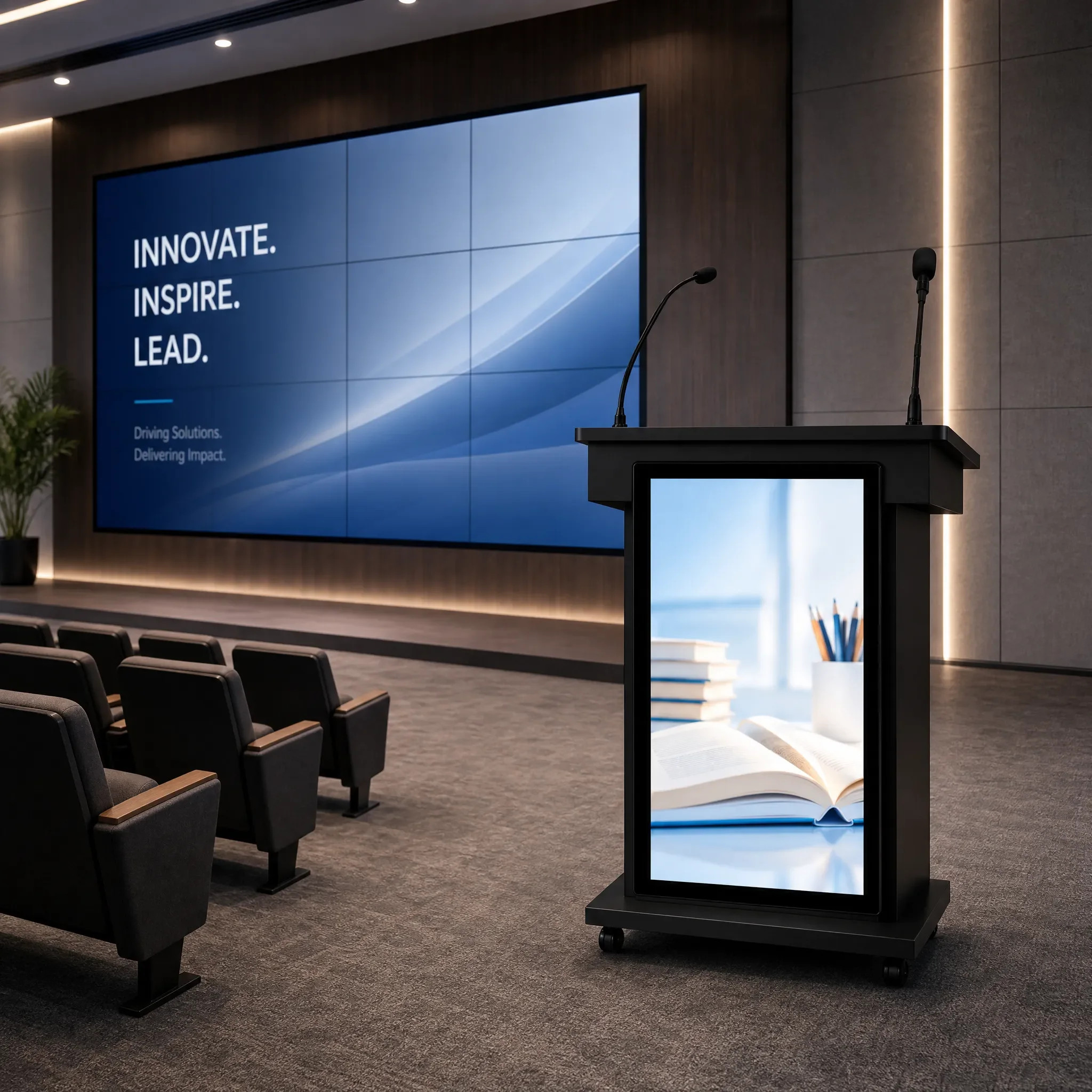 Interactive 10-Point Capacitive Touch Screen Smart Podium Lectern Microphone System Cloud-Based CMS Floor Standing Aluminum Body