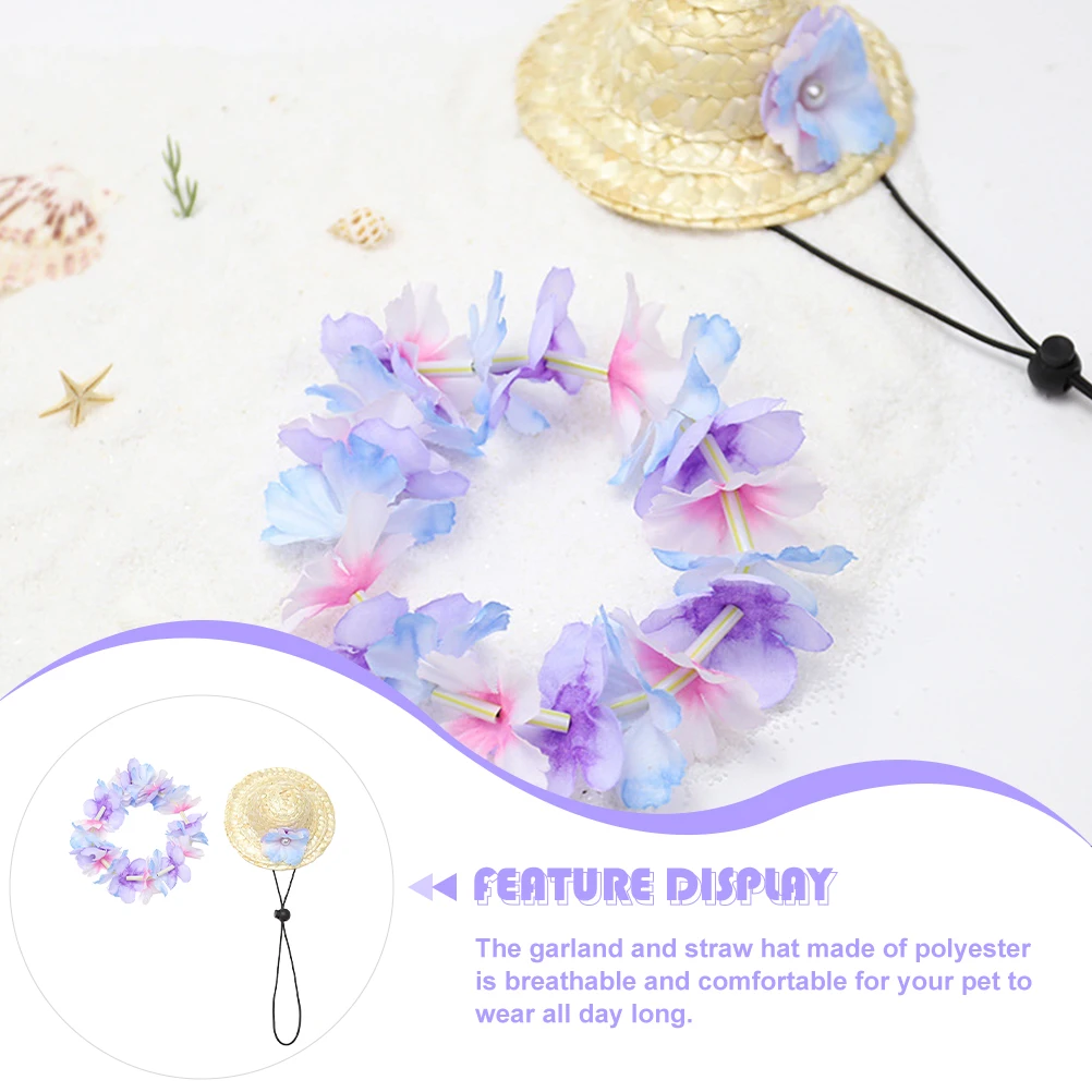 

1 Set Pet Dog Cat Straw Hat Garland Hawaiian Style Summer Vacation Accessories For Small Dogs Breathable Comfortable Adjustable