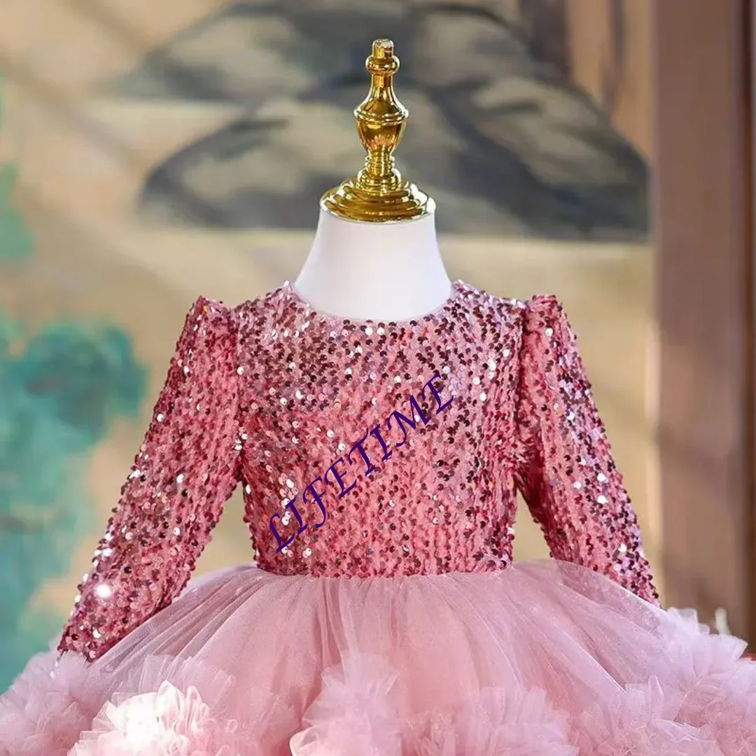 فستان فتاة وردي لامع مخصص بأكمام طويلة مكشكش للأطفال الأميرة 1st حفل زفاف وعيد ميلاد الأطفال عطلة الكرة ثوب #5