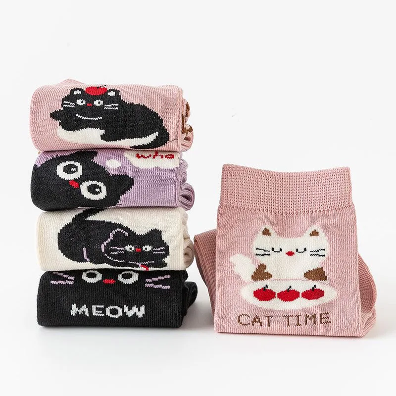 5 Paar Mädchensocken mit niedlichem Cartoon-Katzen-Streifendesign, bequeme Kindersocken für Babys – Detail 8