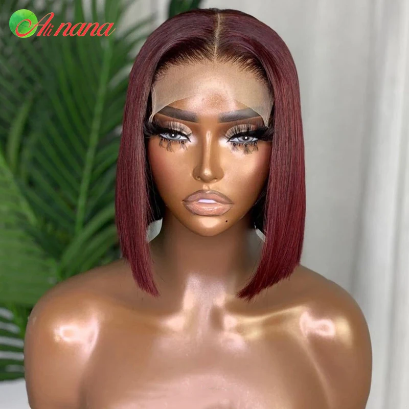 5X5 6x6 Lace Closure Human Hair Wig For Black Women Transparent Lace Short Bob Wigs Burgundy Lace Front Wig Red Straight Bob Wig