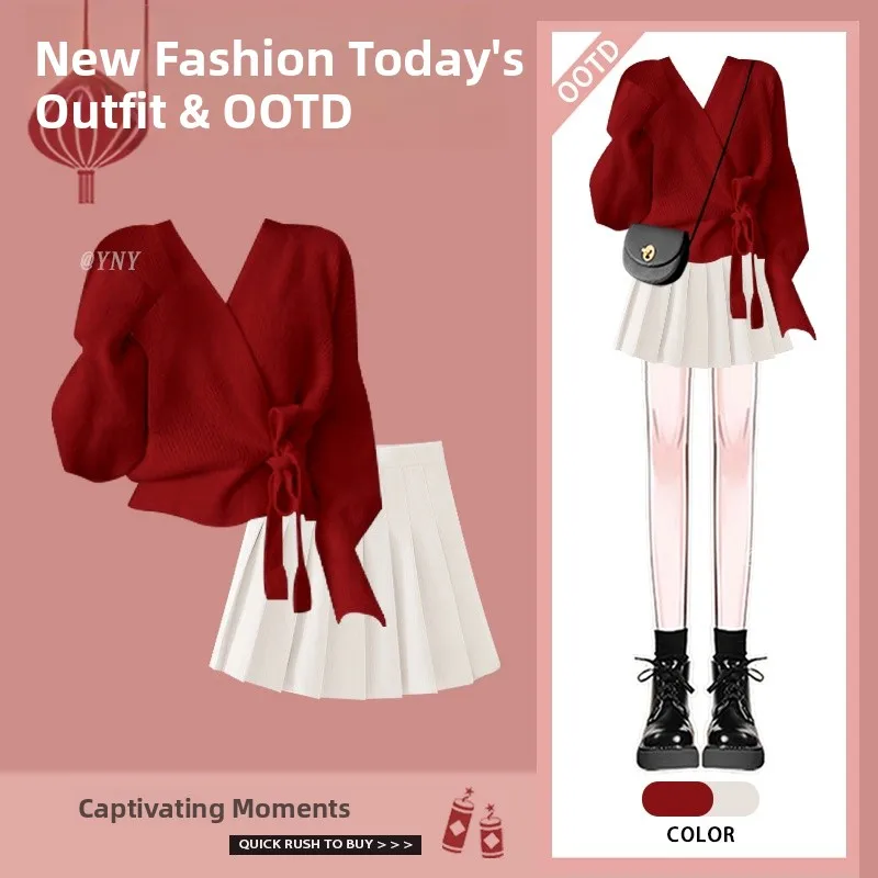 

Red Sweater High Waist A-Line Skirt Two-Piece Set for New Year Celebration Slimming Effect Spring Cross-Year Outfit
