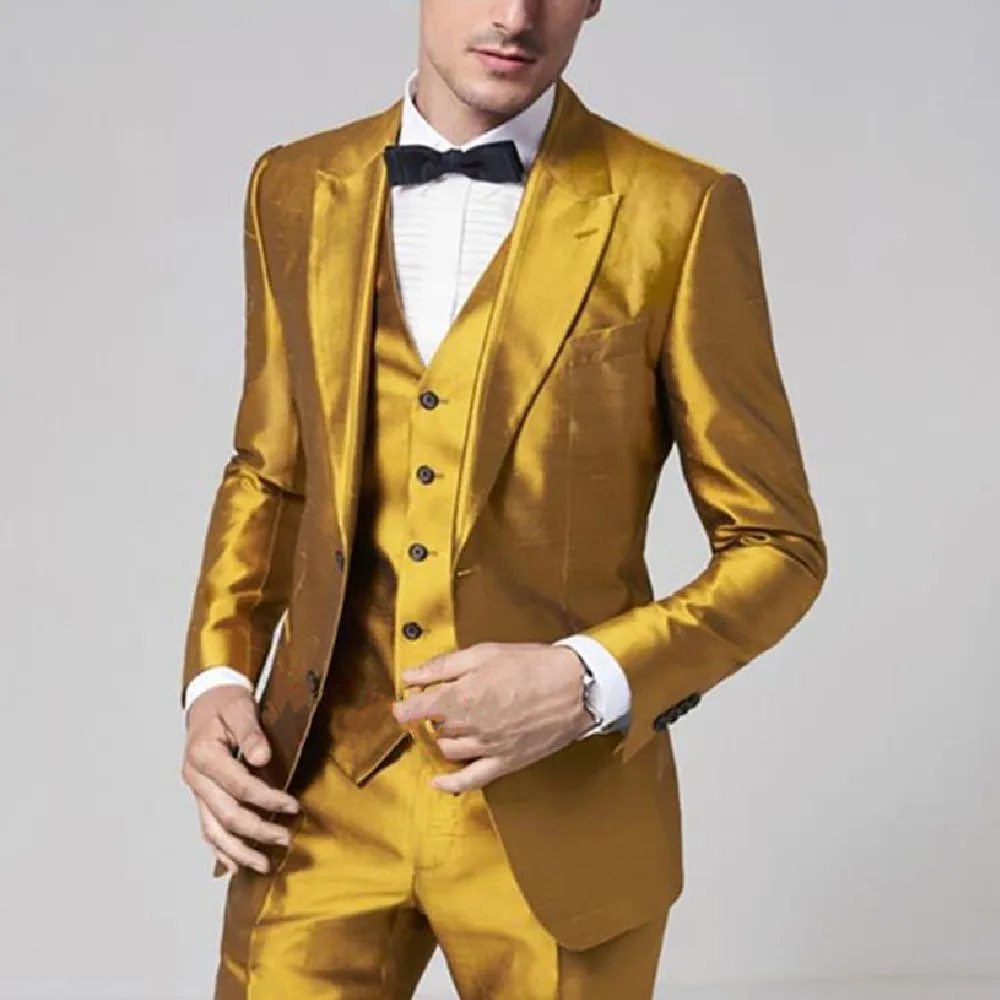 2024 New Arrival Golden Yellow Satin Men Suits Slim Fit Prom Party Stage Performance Costumes Ternos Ceremony Suits Men 3 Pieces