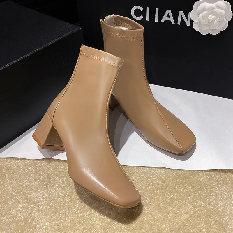 Low Heel Ankle Boots Women Square Toe Skinny Chunky Boots Pu Leather New Fall Winter 2023 Comfort Fashion Beige Chelsea Boots