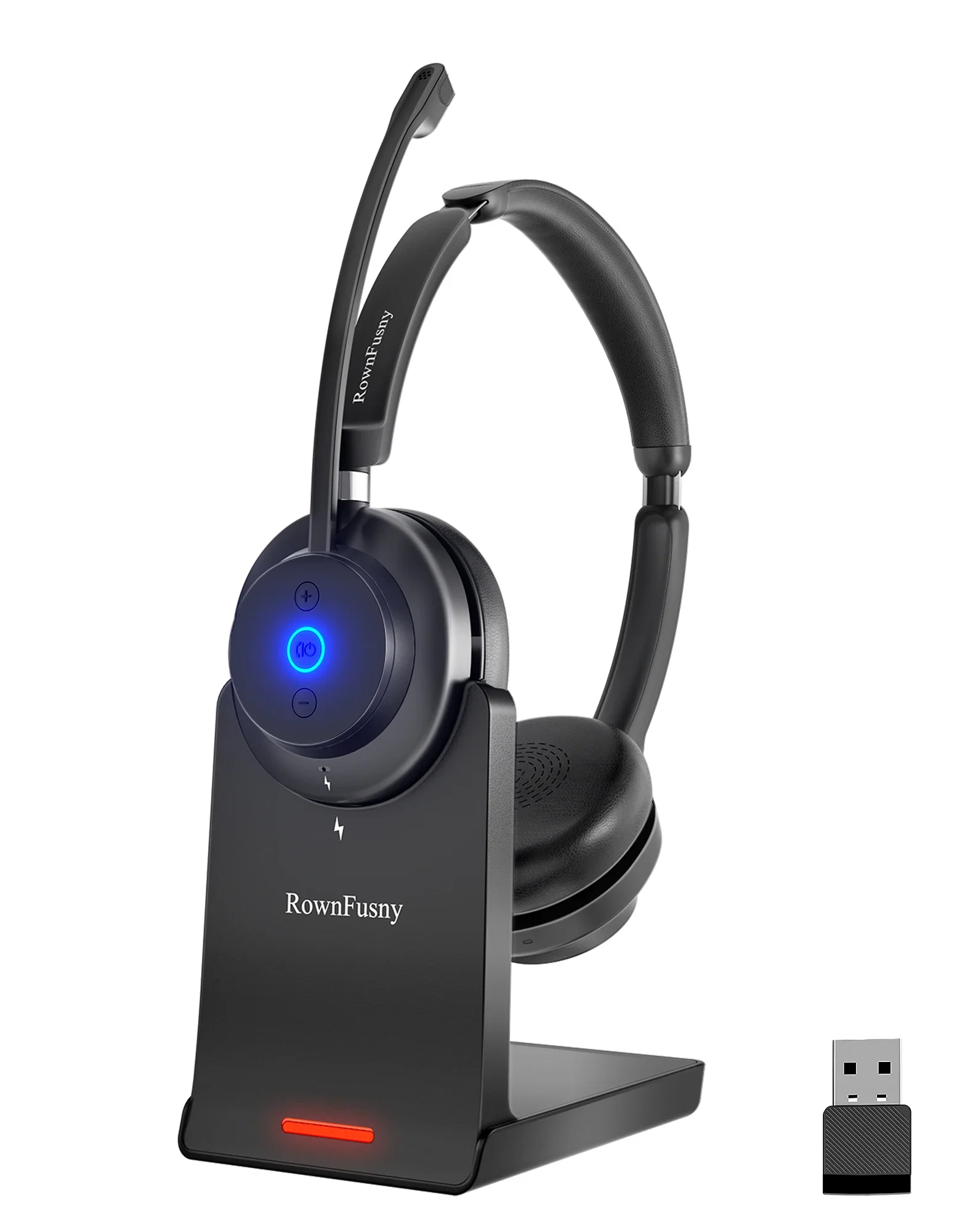 Rownfusny R02 Wireless Headset with Mic for Work USB Dongle Bluetooth Over Ear Headphones for Call Center Noise Cancelling