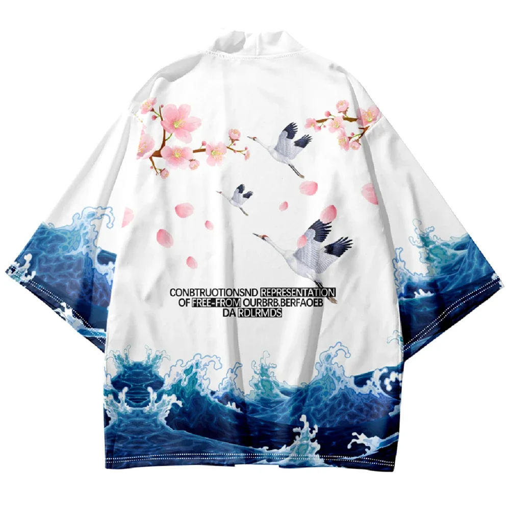 

6XL 5XL 4XL Fashion Kimono Yukata Men Oversized Tops 2023 Beach Kimono Sakura Crane Print Shirt Haori