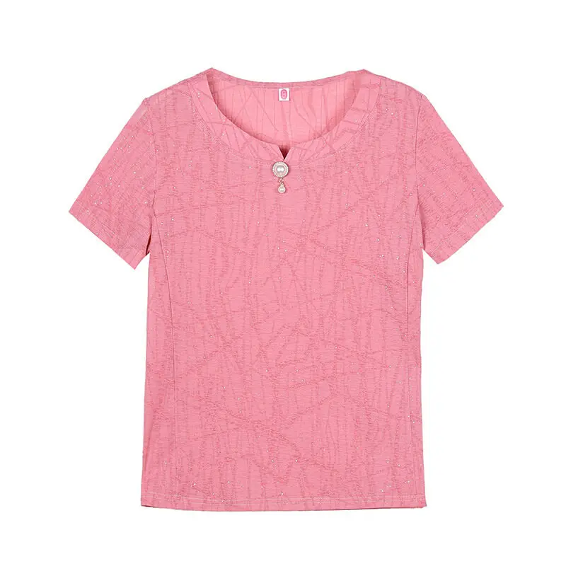 Women\'s Clothing Solid Color Summer Short Sleeve Pullover Pearl Round Neck Chiffon Casual T-shirt Office Lady Comfortable Tops