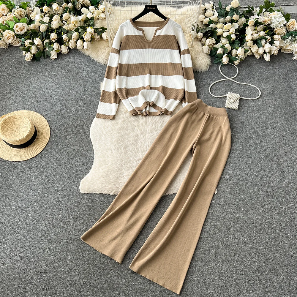 

Croysier Two Piece Set Women Outfit Cozy Casual Knitted Pant Sets Striped Sweater Pullover And Full Length Trousers Co Ord Sets