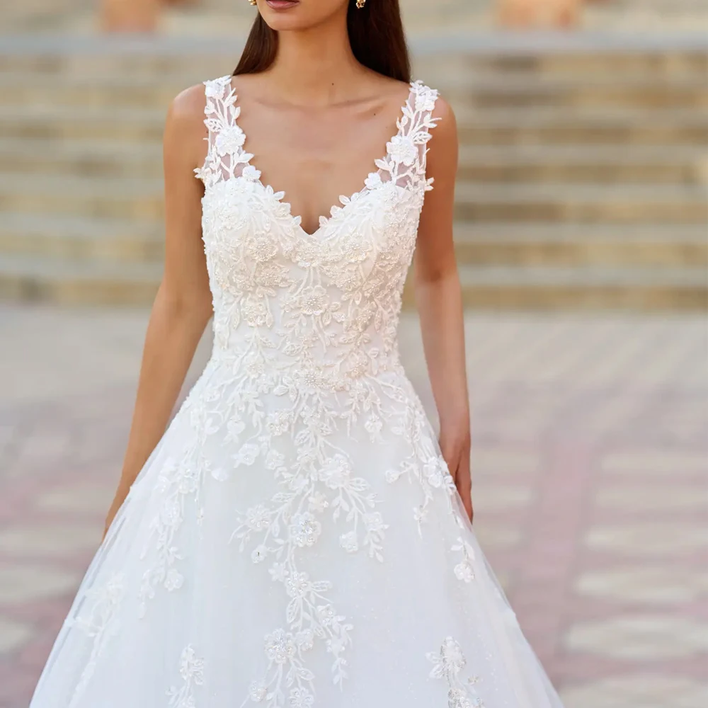 Simple Wide Strap Deep V Neck Wedding Dresses Applique Lace A Line Bridal Grown Customized Open Back Illusion Vestidos De Novia