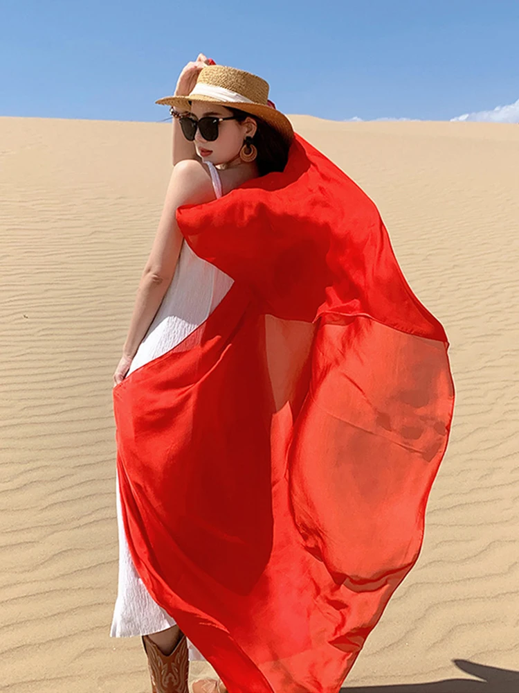 Summer Elegant Solid Thin Women Silk Scarf Beach Wrap Shawls Red Lady Musulman Femme Hijab Bandana Mujer Vacation Scarve Pareo