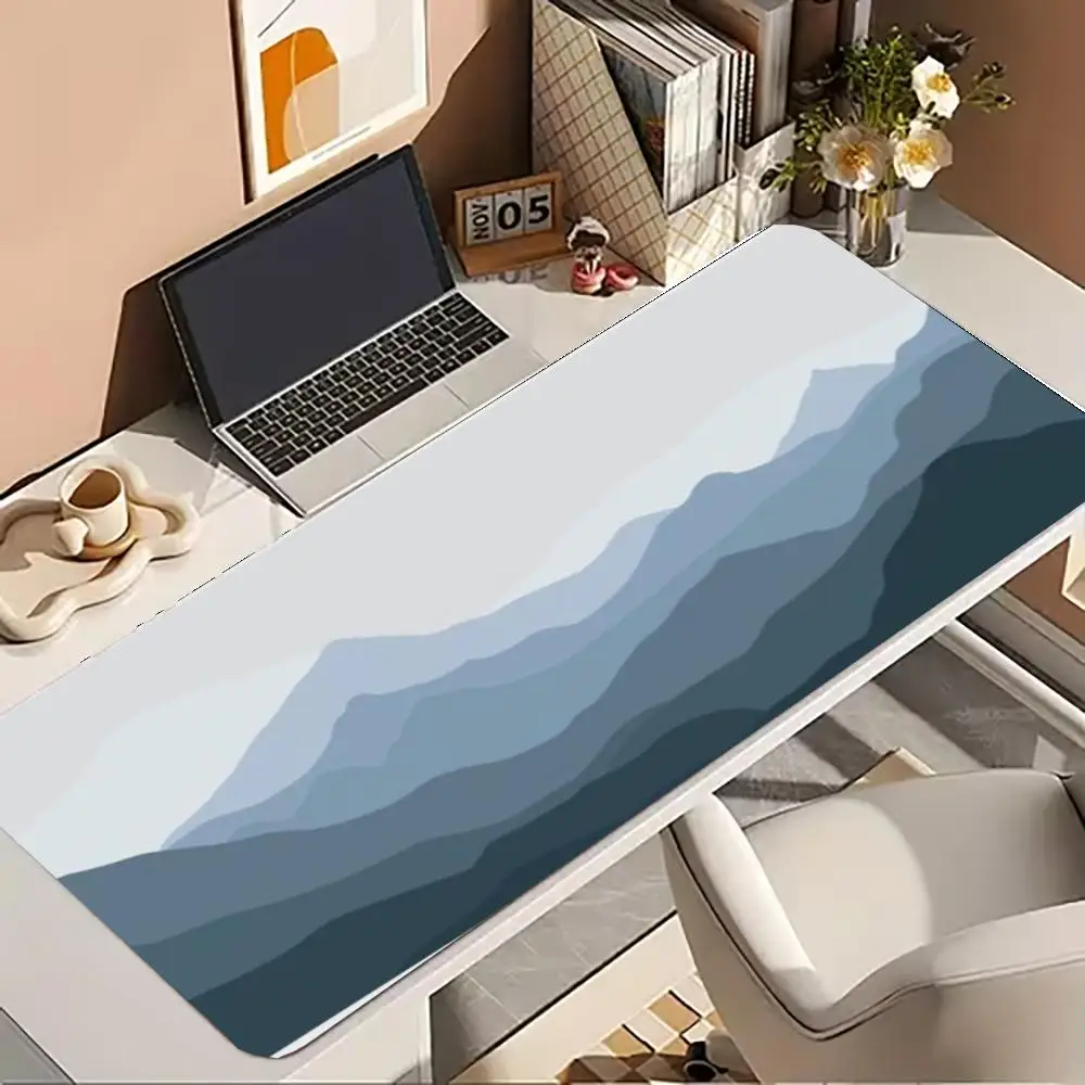 Minimalist Mountain Forest Landscape Mouse Pad, Large Extended Desk Mat, Layered Blue Mountain Art, Non-Slip Rubber Keyboard Mat