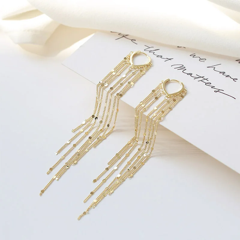 

He'Erxian Elegant And Simple Love Ear Buckle Earrings With Long Tassel 14K Gold Earrings